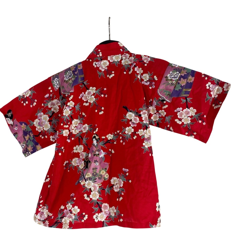 Sakurai Shoji Kimono Robe Kids M Red Excellent Geisha Floral Cotton Japan